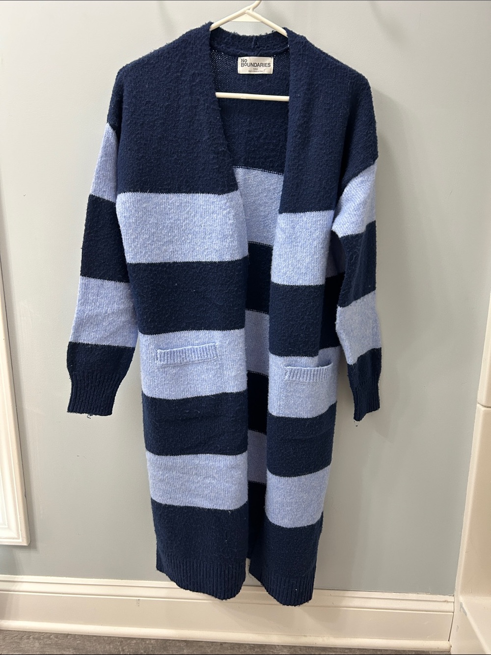 Striped Open-Front Long Cardigan Sweater - Navy & Light Blue